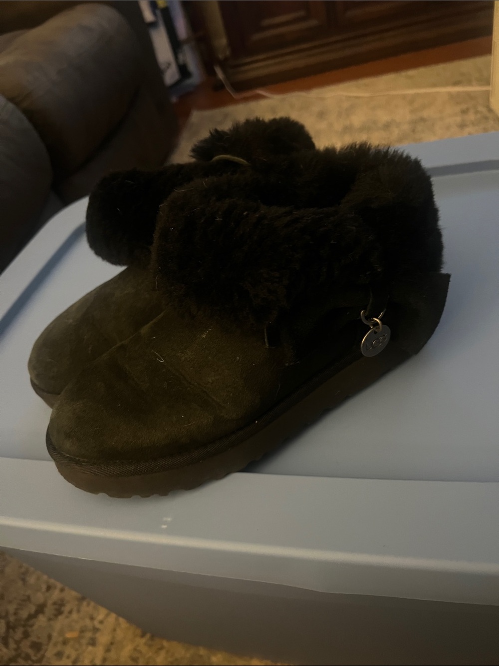 UGG Black Suede Faux-Fur Cuff Ankle Booties with Branded Charm
